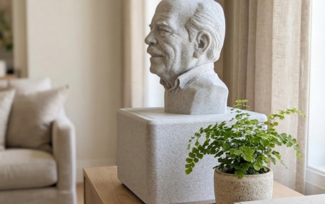 EverUrn - 3D printed portrait bust urn with discreet ashes compartment.