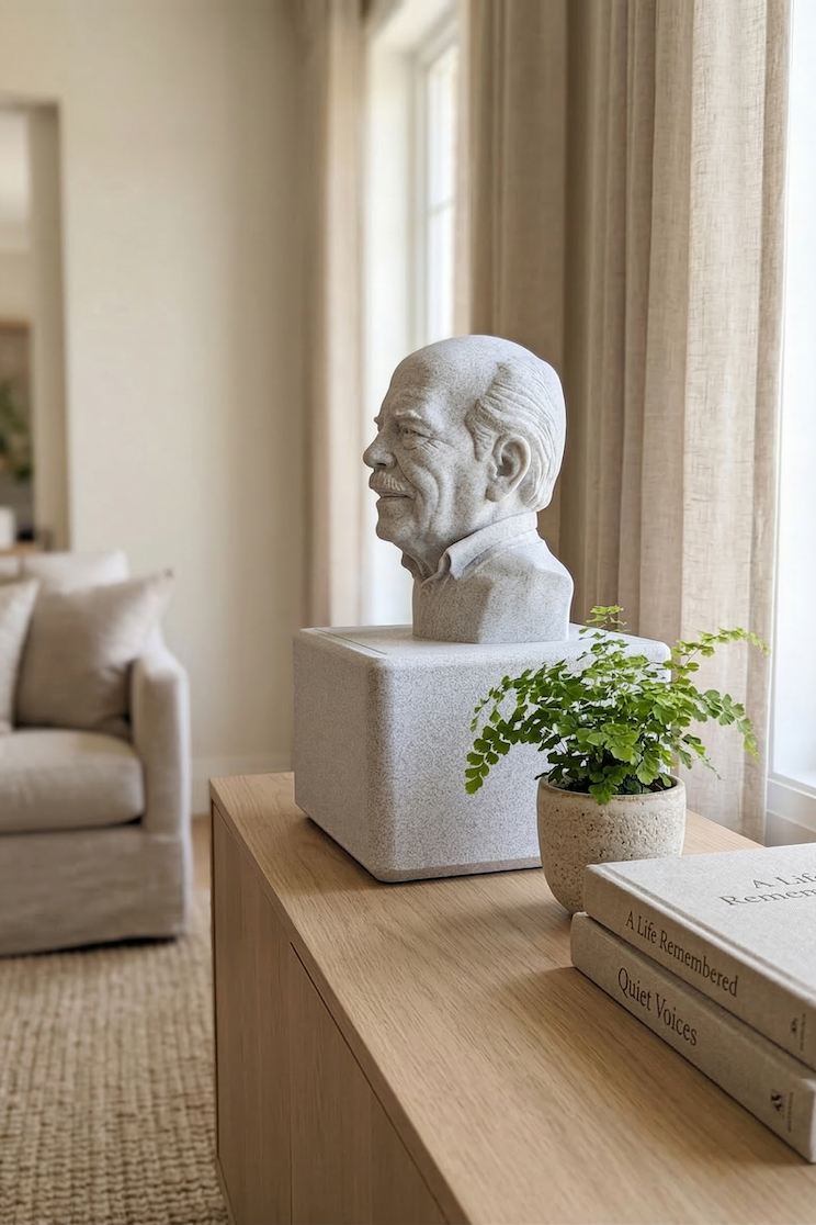 EverUrn - 3D printed portrait bust urn with discreet ashes compartment.